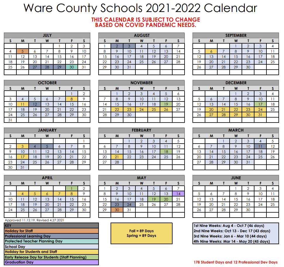 WCBOE Revises 2021-2022 School Calendar | Ware County Schools