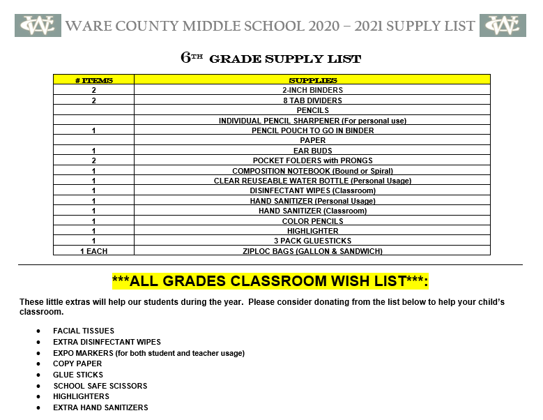 6th grade Supply List Ware County Middle School