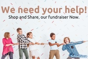 Text that reads we need your help! Shop and Share our fundraiser now. children holding rope playing tug of war.