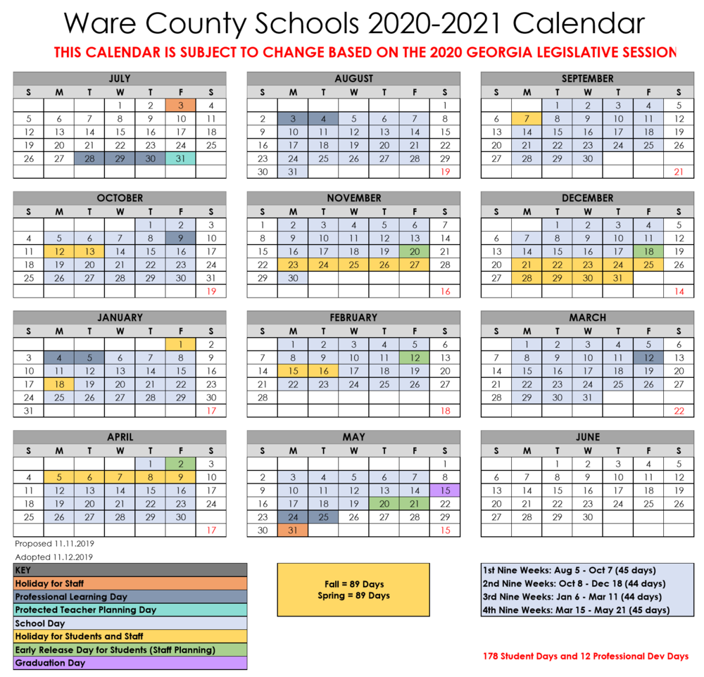 2020-2021 Ware County Schools Calendar