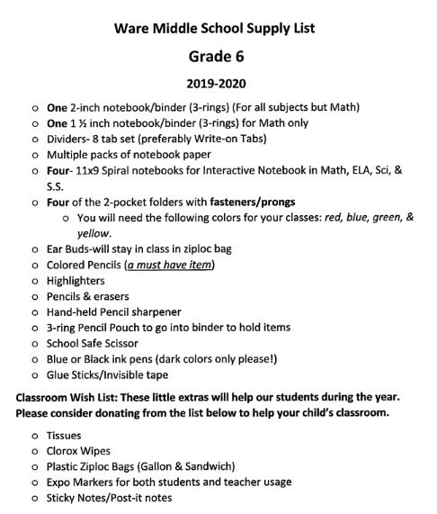 2019-20 Supply list--6th grade | Ware County Middle School