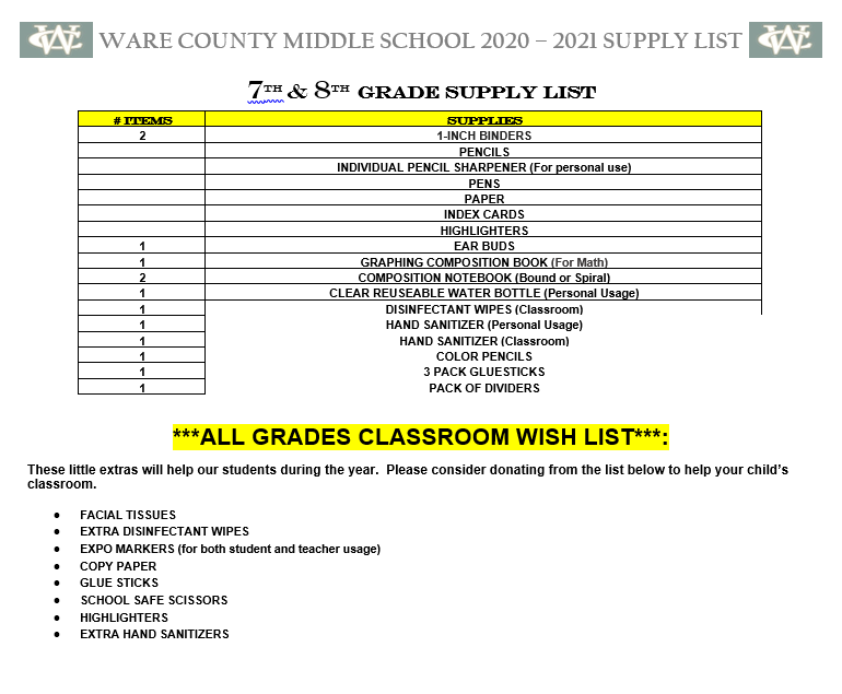 7th and 8th grade Supply List Ware County Middle School