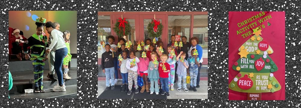 Images of Center students at Christmas party and image of a craft they made