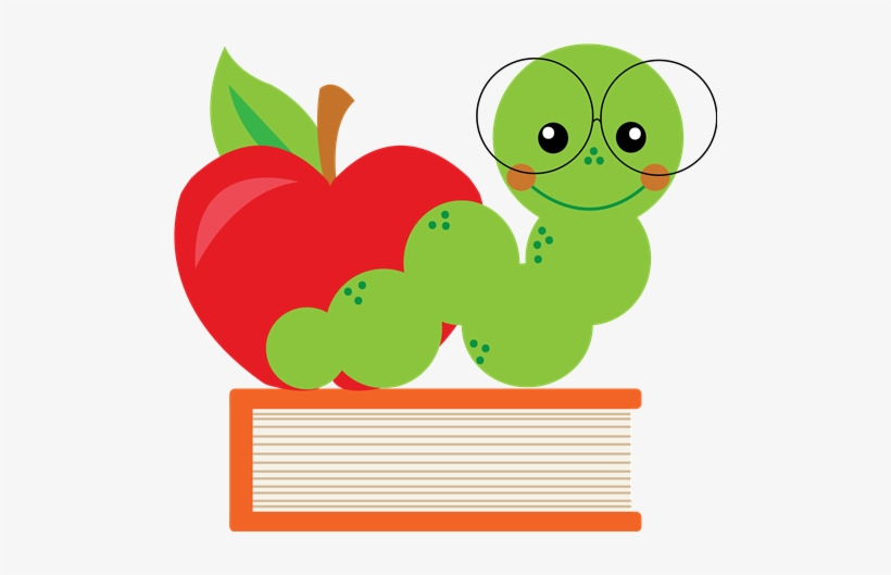 green worm with red apple on top of orange book