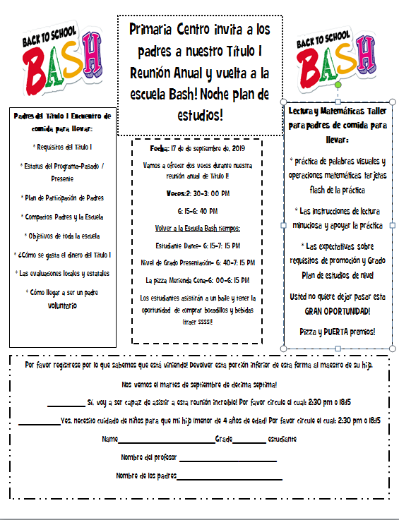 Center Invites Parents To Annual Title 1 Meeting And Back To School Bash Center Elementary School